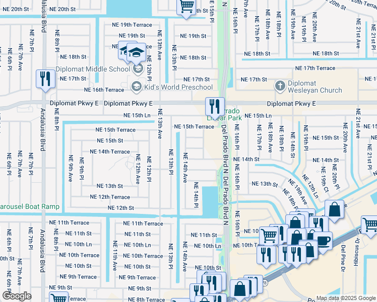 map of restaurants, bars, coffee shops, grocery stores, and more near 1402 Northeast 14th Terrace in Cape Coral