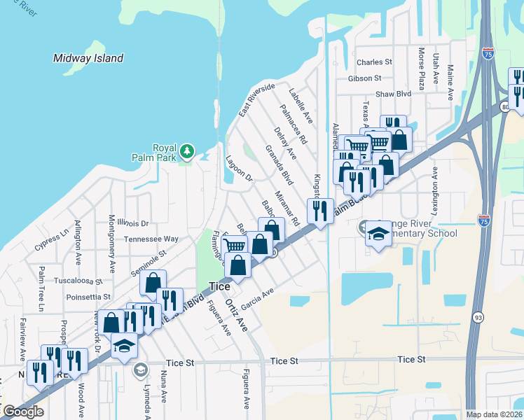 map of restaurants, bars, coffee shops, grocery stores, and more near 320 Balboa Avenue in Fort Myers