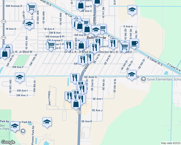 map of restaurants, bars, coffee shops, grocery stores, and more near 661 Southeast 1st Street in Belle Glade