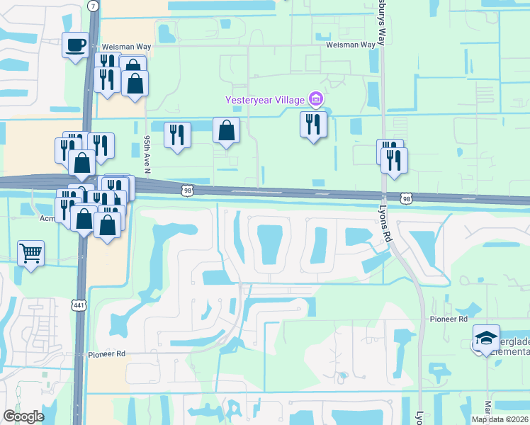 map of restaurants, bars, coffee shops, grocery stores, and more near 307 Mulberry Grove Road in Royal Palm Beach