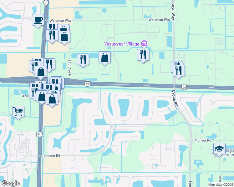 map of restaurants, bars, coffee shops, grocery stores, and more near 307 Mulberry Grove Road in Royal Palm Beach