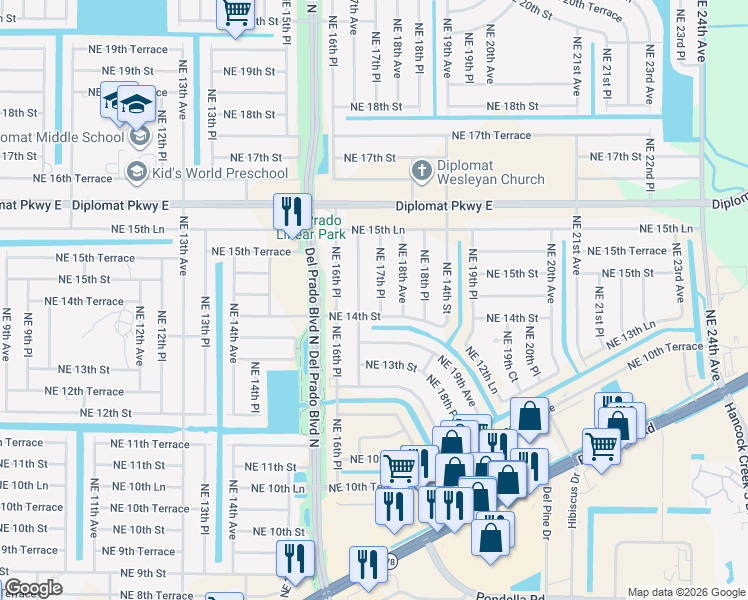 map of restaurants, bars, coffee shops, grocery stores, and more near 1408 Northeast 17th Place in Cape Coral