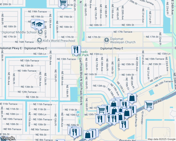 map of restaurants, bars, coffee shops, grocery stores, and more near 1409 Northeast 16th Place in Cape Coral