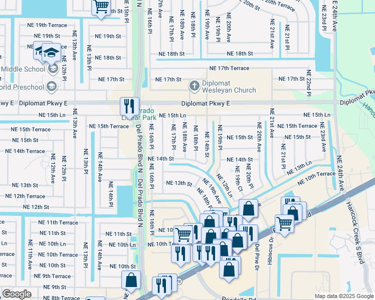 map of restaurants, bars, coffee shops, grocery stores, and more near 1409 Northeast 18th Avenue in Cape Coral