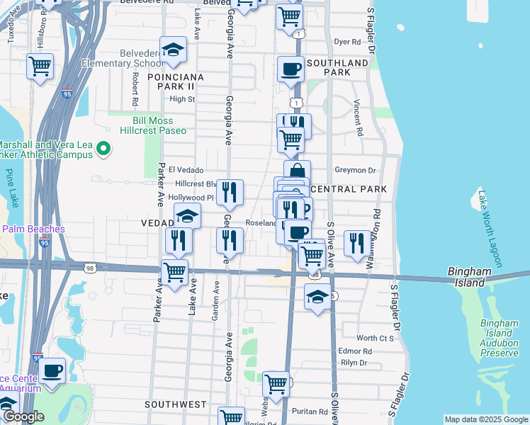 map of restaurants, bars, coffee shops, grocery stores, and more near 3618 Henry Avenue in West Palm Beach