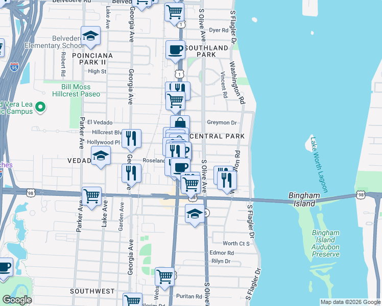 map of restaurants, bars, coffee shops, grocery stores, and more near 3655 Vintage Way in West Palm Beach
