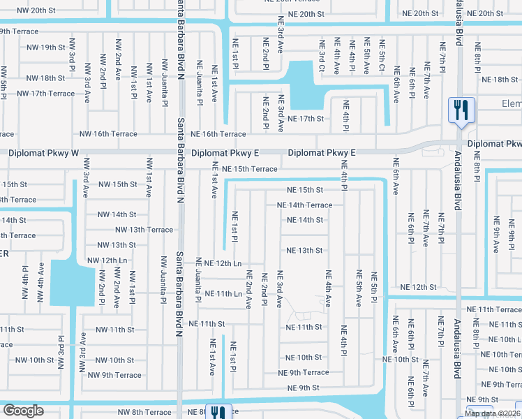 map of restaurants, bars, coffee shops, grocery stores, and more near 1412 Northeast 2nd Place in Cape Coral