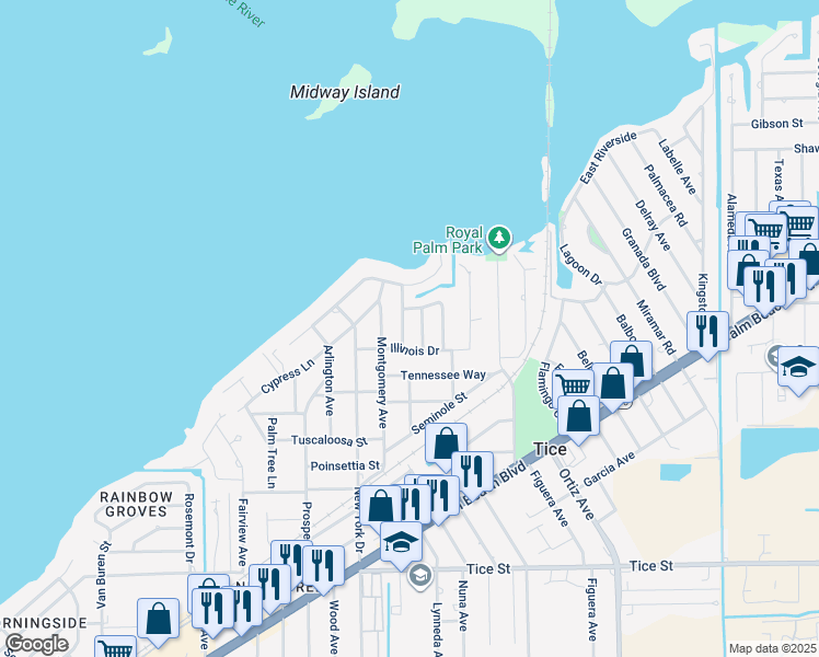 map of restaurants, bars, coffee shops, grocery stores, and more near 319 Colorado Avenue in Fort Myers