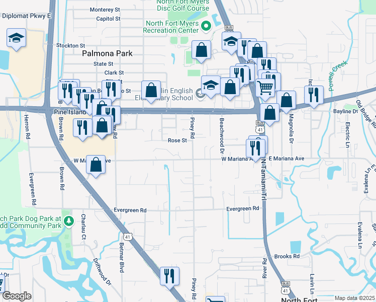 map of restaurants, bars, coffee shops, grocery stores, and more near 1559 Piney Road in North Fort Myers
