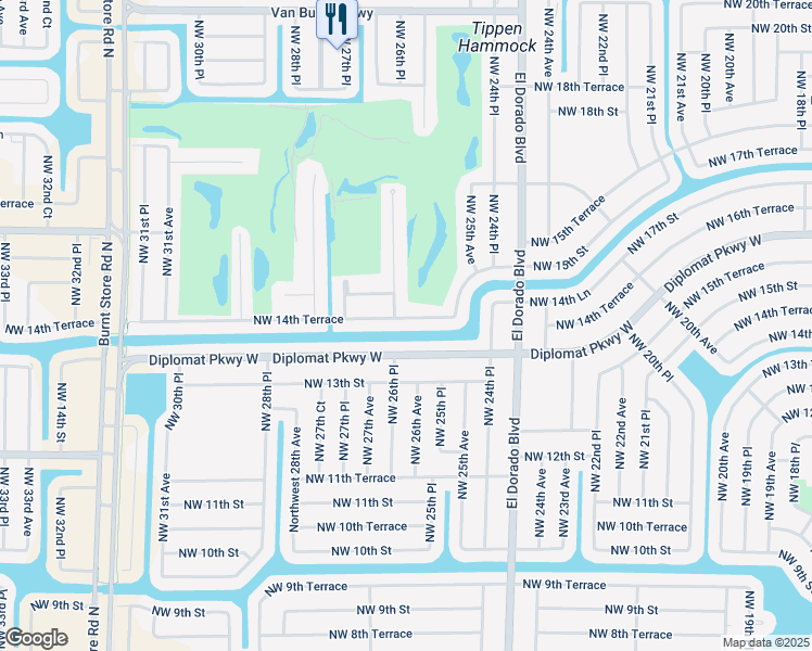 map of restaurants, bars, coffee shops, grocery stores, and more near 2534 Northwest 14th Terrace in Cape Coral