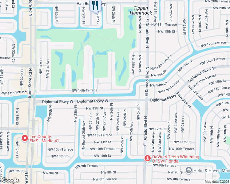 map of restaurants, bars, coffee shops, grocery stores, and more near 2534 Northwest 14th Terrace in Cape Coral