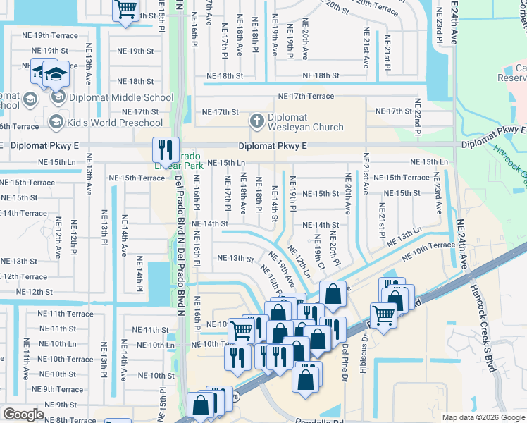 map of restaurants, bars, coffee shops, grocery stores, and more near 1413 Northeast 18th Place in Cape Coral