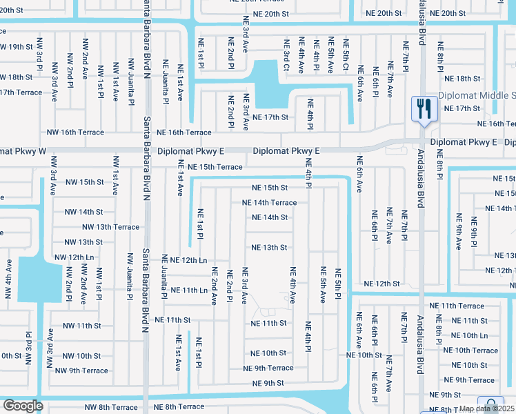 map of restaurants, bars, coffee shops, grocery stores, and more near 306 Northeast 14th Terrace in Cape Coral