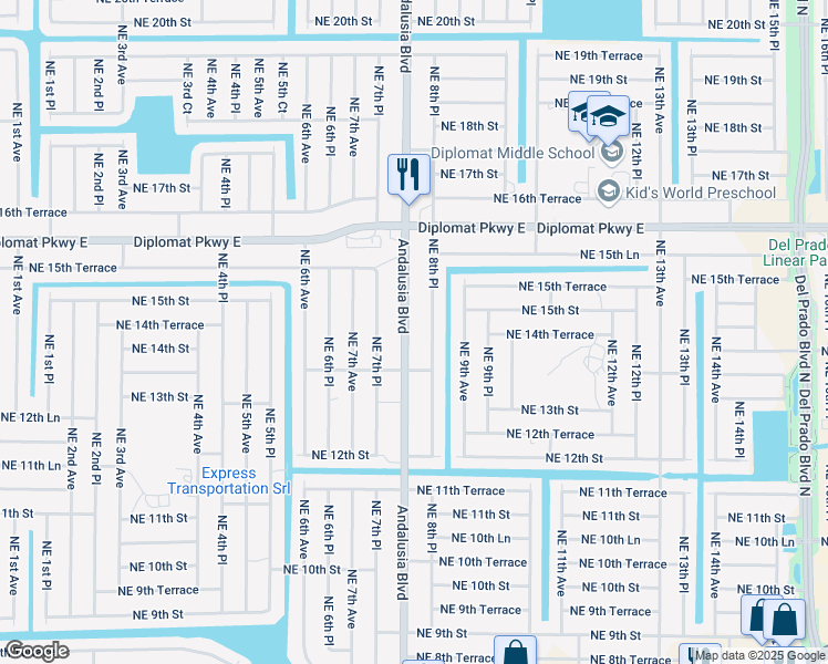 map of restaurants, bars, coffee shops, grocery stores, and more near 1415 Andalusia Boulevard in Cape Coral