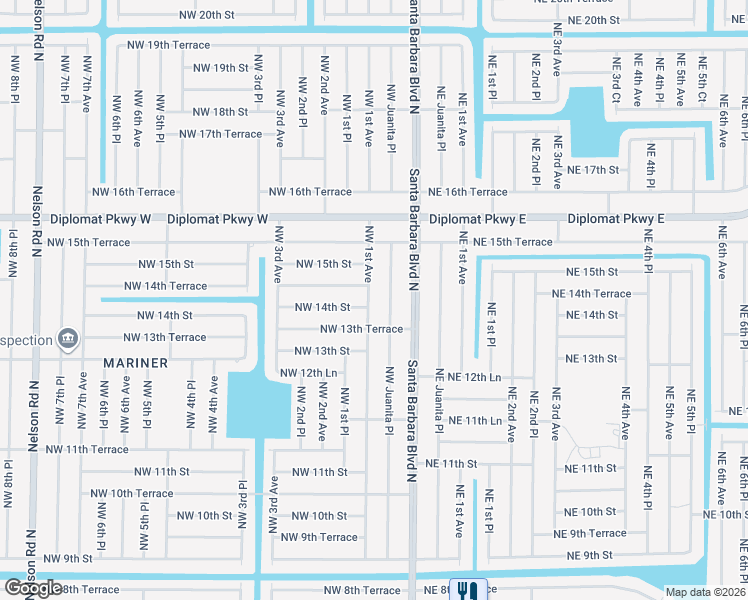 map of restaurants, bars, coffee shops, grocery stores, and more near 1407 Northwest 1st Avenue in Cape Coral