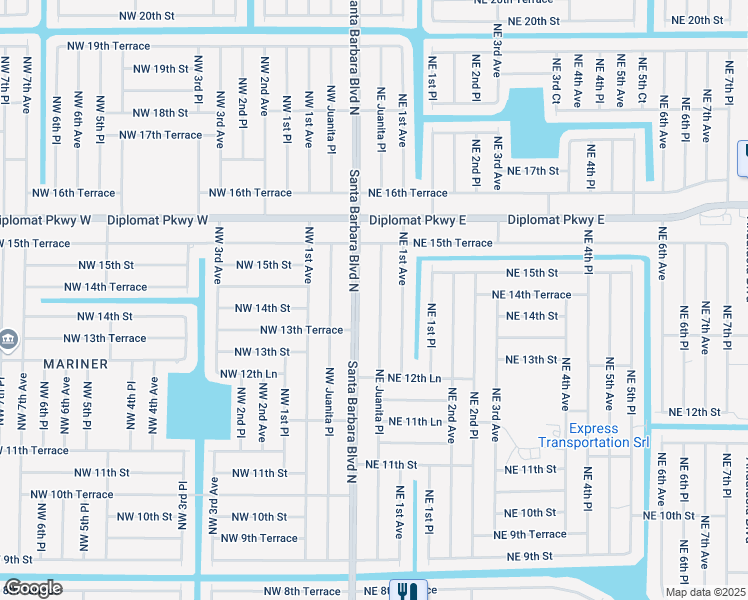 map of restaurants, bars, coffee shops, grocery stores, and more near 1410 Northeast Juanita Place in Cape Coral