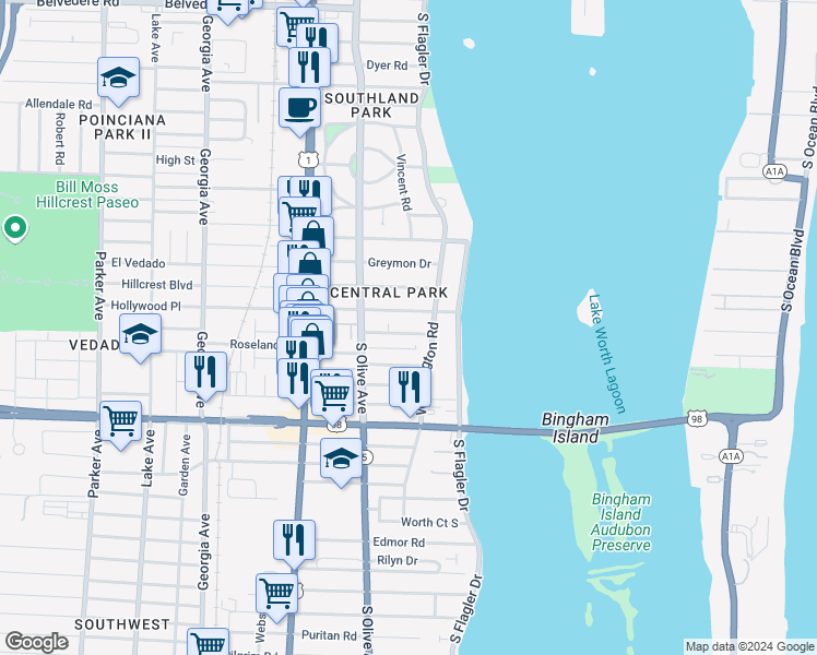 map of restaurants, bars, coffee shops, grocery stores, and more near 205 Wenonah Place in West Palm Beach