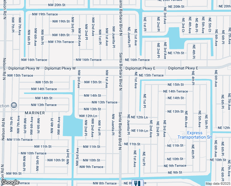 map of restaurants, bars, coffee shops, grocery stores, and more near 1405 Northwest Juanita Place in Cape Coral