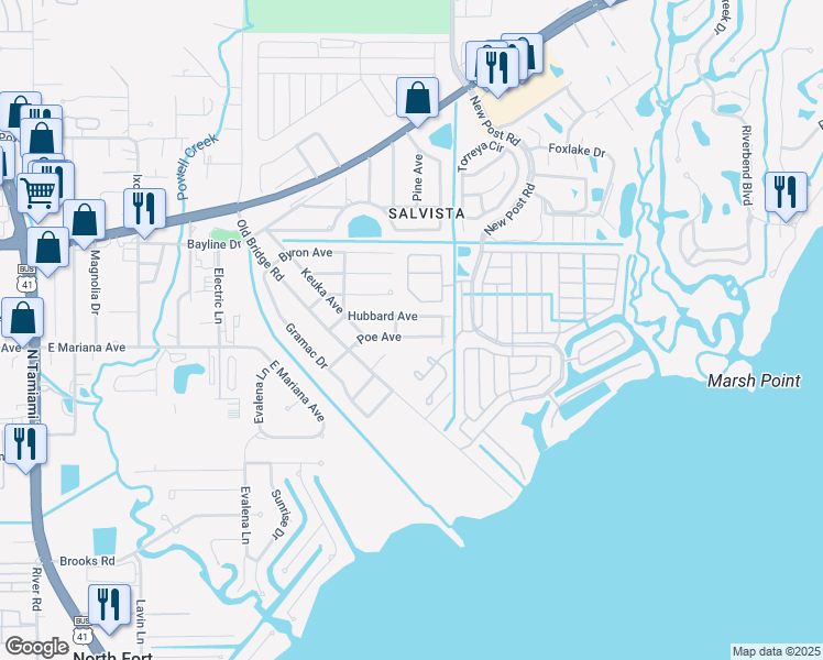 map of restaurants, bars, coffee shops, grocery stores, and more near 267 Poe Ave in North Fort Myers