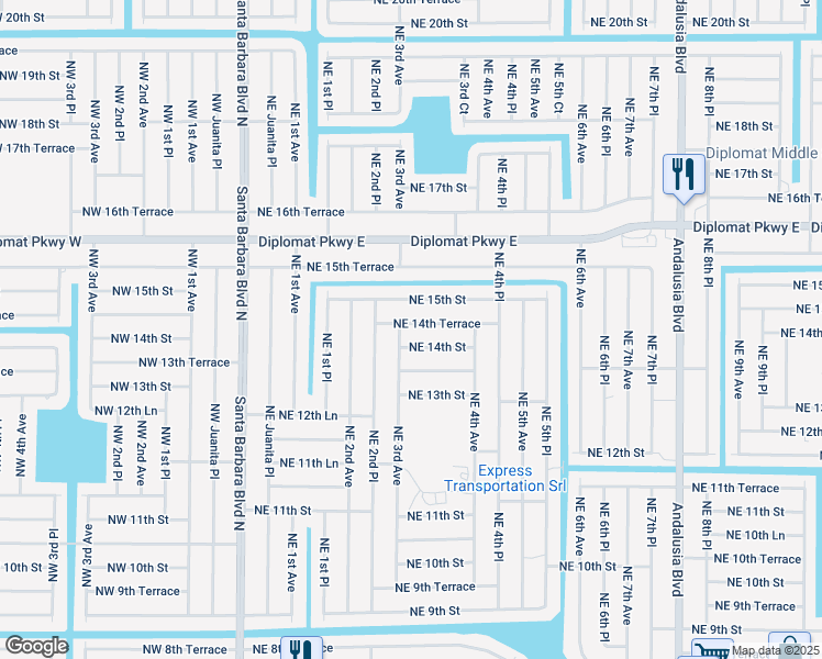map of restaurants, bars, coffee shops, grocery stores, and more near 306 Northeast 14th Terrace in Cape Coral