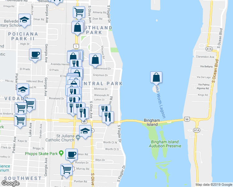 map of restaurants, bars, coffee shops, grocery stores, and more near 3611 South Flagler Drive in West Palm Beach