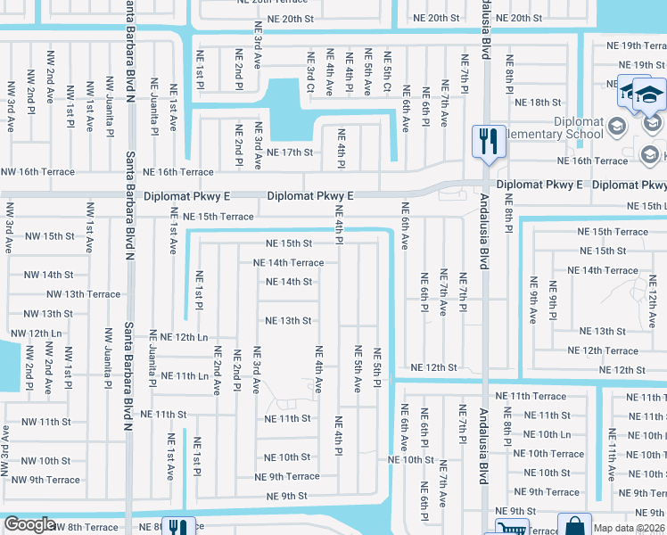 map of restaurants, bars, coffee shops, grocery stores, and more near 1414 Northeast 4th Place in Cape Coral