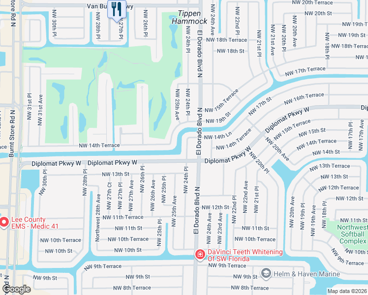 map of restaurants, bars, coffee shops, grocery stores, and more near 1416 Northwest 24th Place in Cape Coral
