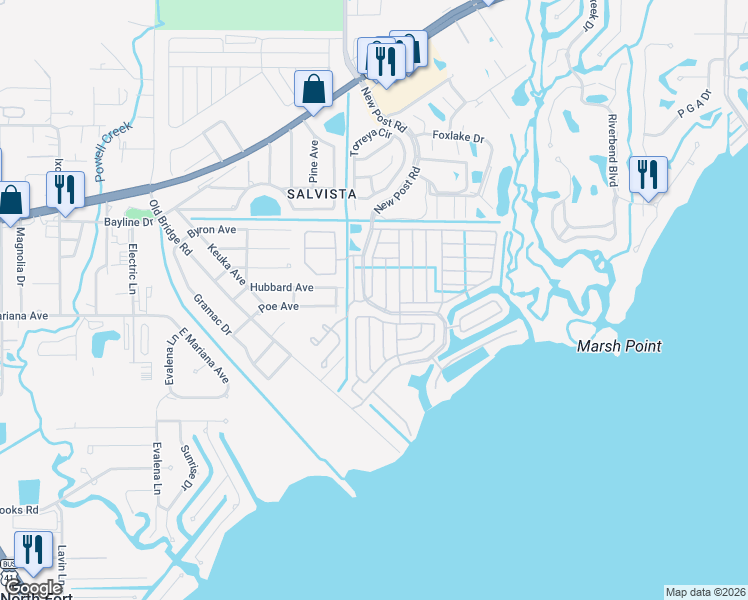 map of restaurants, bars, coffee shops, grocery stores, and more near 14500 Paul Revere Loop in North Fort Myers
