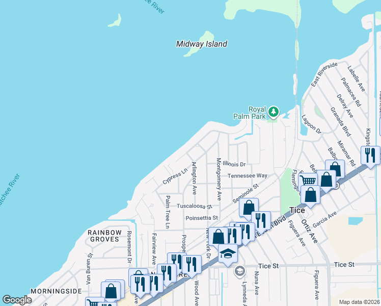 map of restaurants, bars, coffee shops, grocery stores, and more near 4413 Birmingham Street in Fort Myers