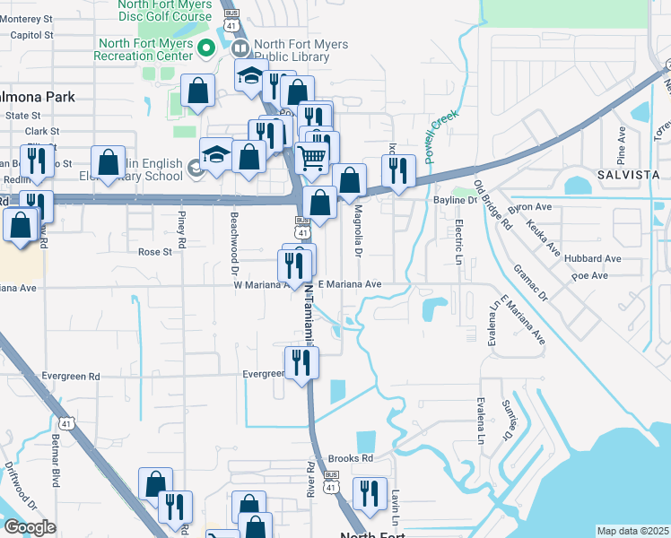 map of restaurants, bars, coffee shops, grocery stores, and more near 172 Crescent Lake Drive in North Fort Myers