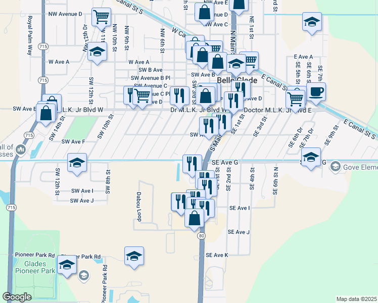 map of restaurants, bars, coffee shops, grocery stores, and more near 655 Southwest 2nd Street in Belle Glade
