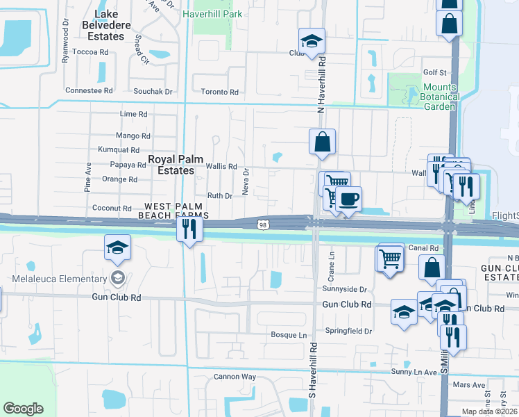 map of restaurants, bars, coffee shops, grocery stores, and more near 83 Tropical Avenue in West Palm Beach