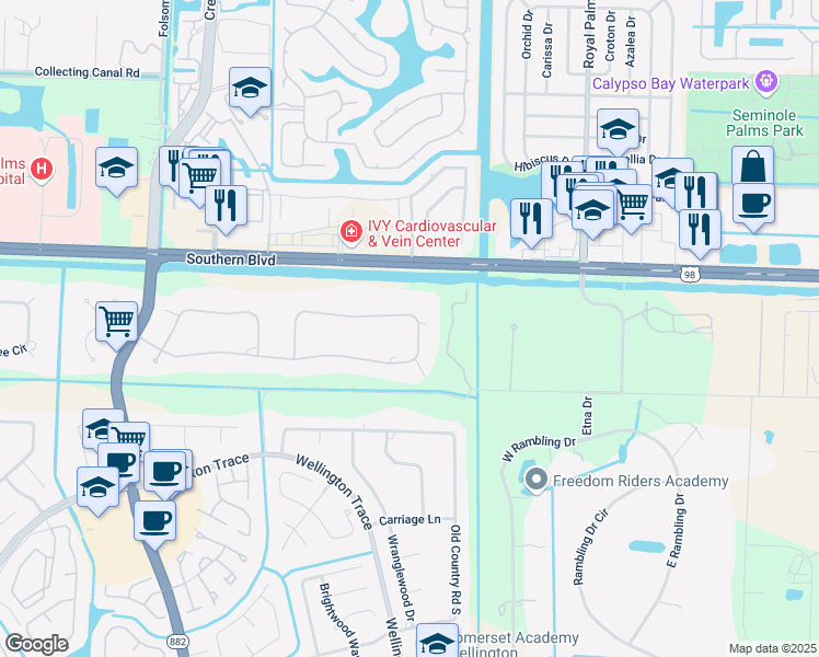 map of restaurants, bars, coffee shops, grocery stores, and more near 12093 Areaca Drive in Wellington