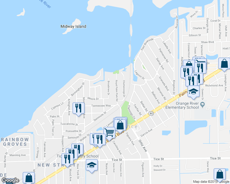 map of restaurants, bars, coffee shops, grocery stores, and more near 334 Royal Palm Park Road in Fort Myers