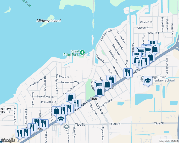 map of restaurants, bars, coffee shops, grocery stores, and more near 331 Chattanooga Drive in Fort Myers