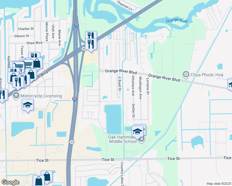 map of restaurants, bars, coffee shops, grocery stores, and more near 384 West Buell Drive in Fort Myers
