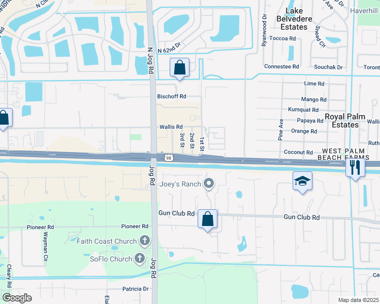 map of restaurants, bars, coffee shops, grocery stores, and more near 85 2nd Street in West Palm Beach