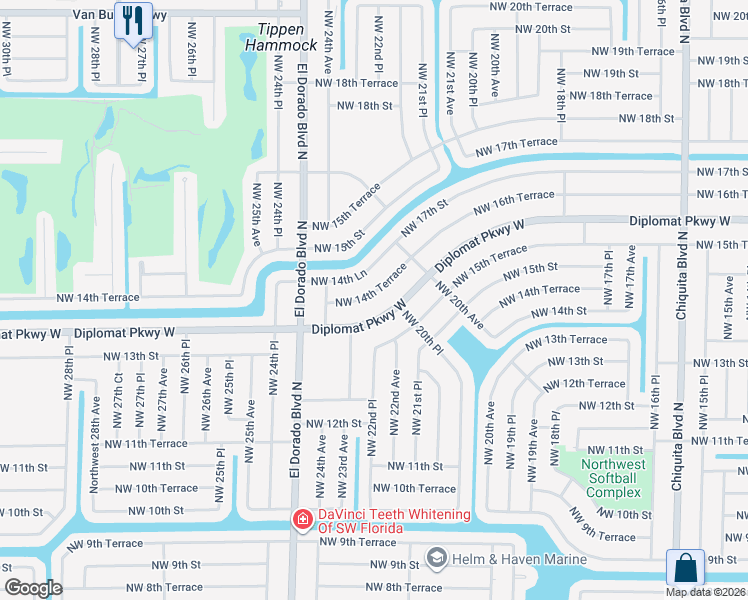 map of restaurants, bars, coffee shops, grocery stores, and more near 2208 Northwest 14th Terrace in Cape Coral