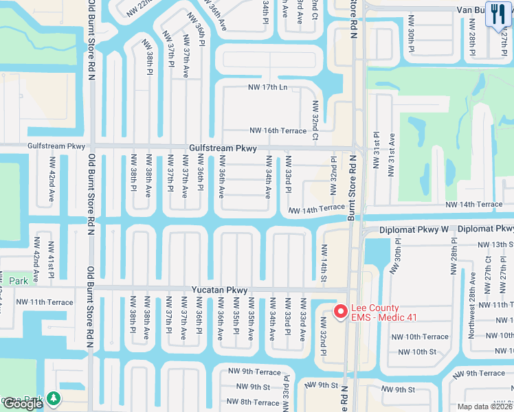 map of restaurants, bars, coffee shops, grocery stores, and more near 3409 Northwest 14th Terrace in Cape Coral
