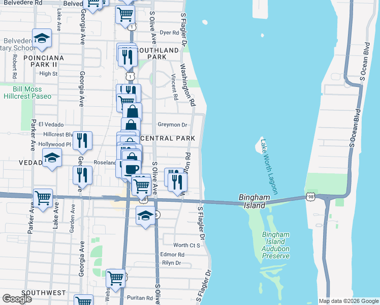 map of restaurants, bars, coffee shops, grocery stores, and more near in West Palm Beach