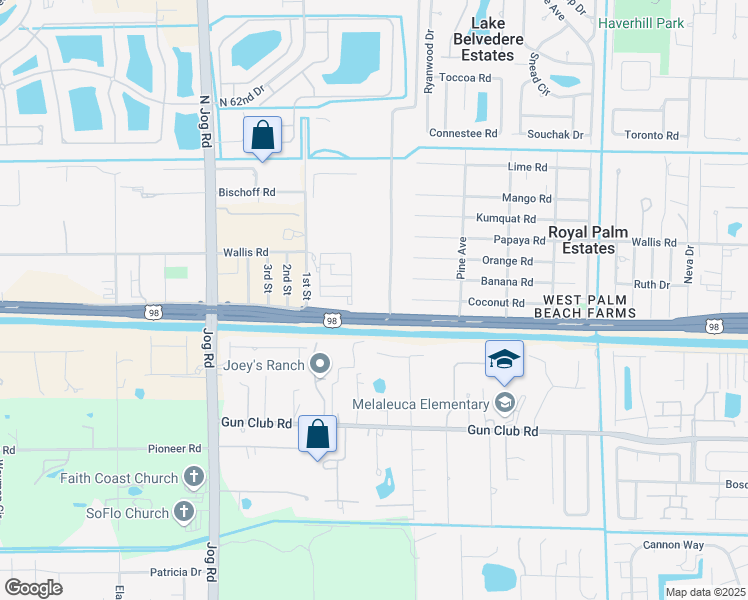 map of restaurants, bars, coffee shops, grocery stores, and more near 6017 Southern Boulevard in West Palm Beach
