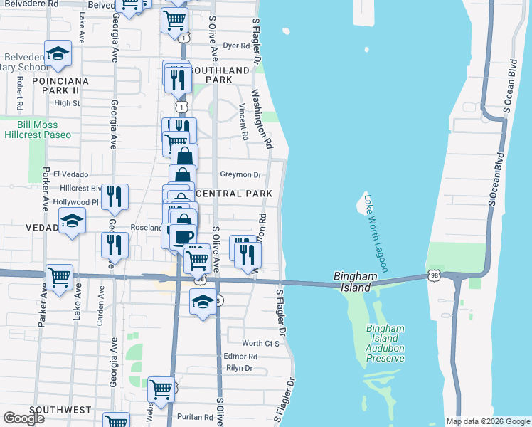 map of restaurants, bars, coffee shops, grocery stores, and more near in West Palm Beach