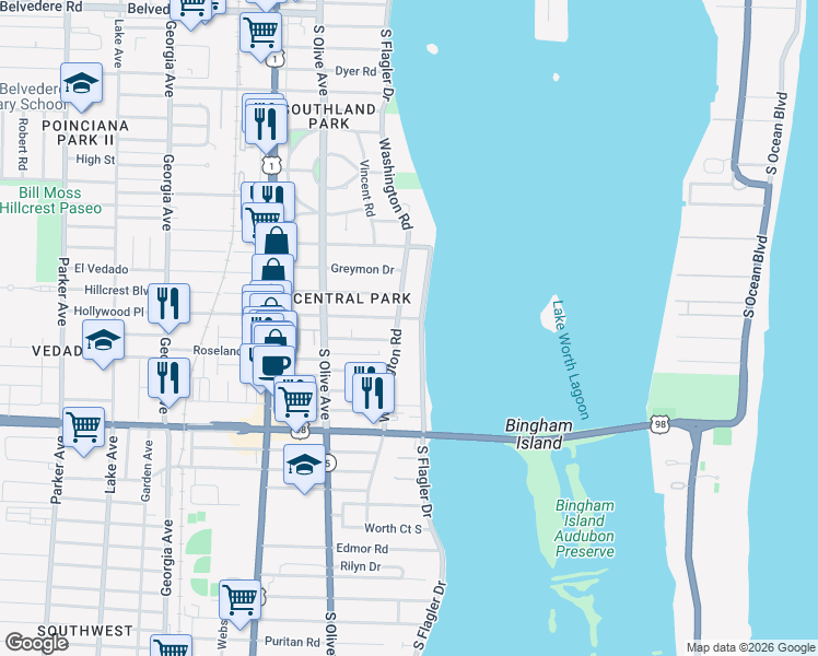 map of restaurants, bars, coffee shops, grocery stores, and more near in West Palm Beach