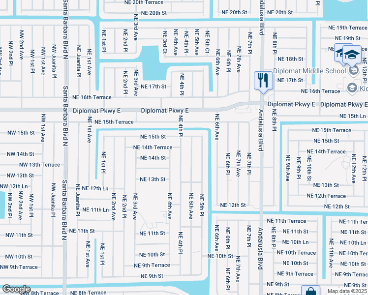 map of restaurants, bars, coffee shops, grocery stores, and more near 1417 Northeast 4th Place in Cape Coral