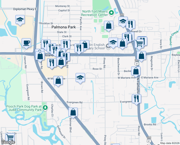 map of restaurants, bars, coffee shops, grocery stores, and more near 241 Rose Street in North Fort Myers