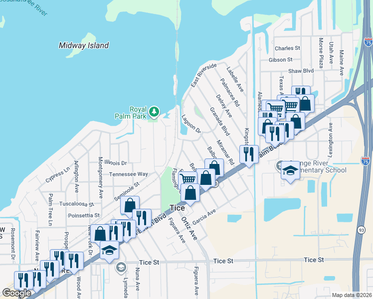 map of restaurants, bars, coffee shops, grocery stores, and more near 304 Bellair Road in Fort Myers