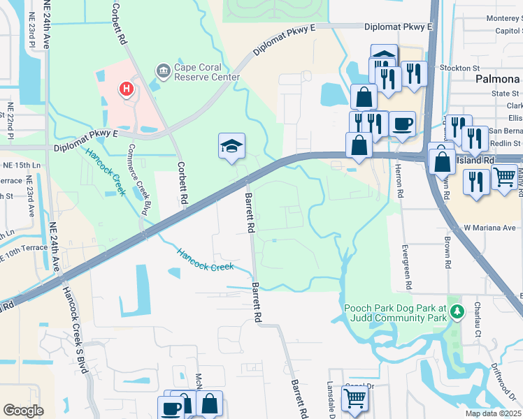 map of restaurants, bars, coffee shops, grocery stores, and more near 1394 Barrett Road in Cape Coral