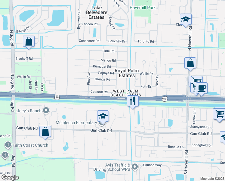 map of restaurants, bars, coffee shops, grocery stores, and more near 5682 Coconut Road in West Palm Beach