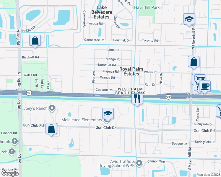map of restaurants, bars, coffee shops, grocery stores, and more near 5682 Coconut Road in West Palm Beach