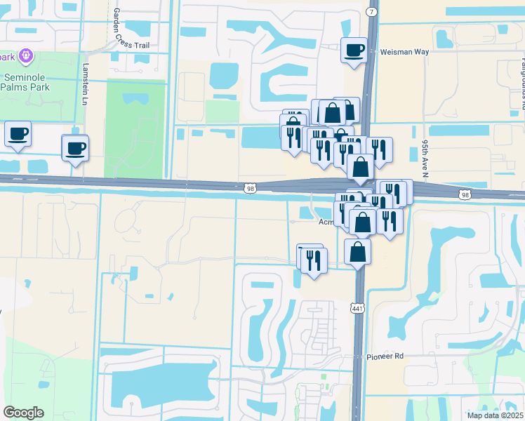 map of restaurants, bars, coffee shops, grocery stores, and more near 10355 Acme Road in Wellington